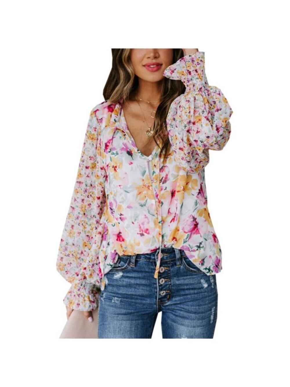 Full Size Floral Print Smocked Cuff Blouse Plus Size